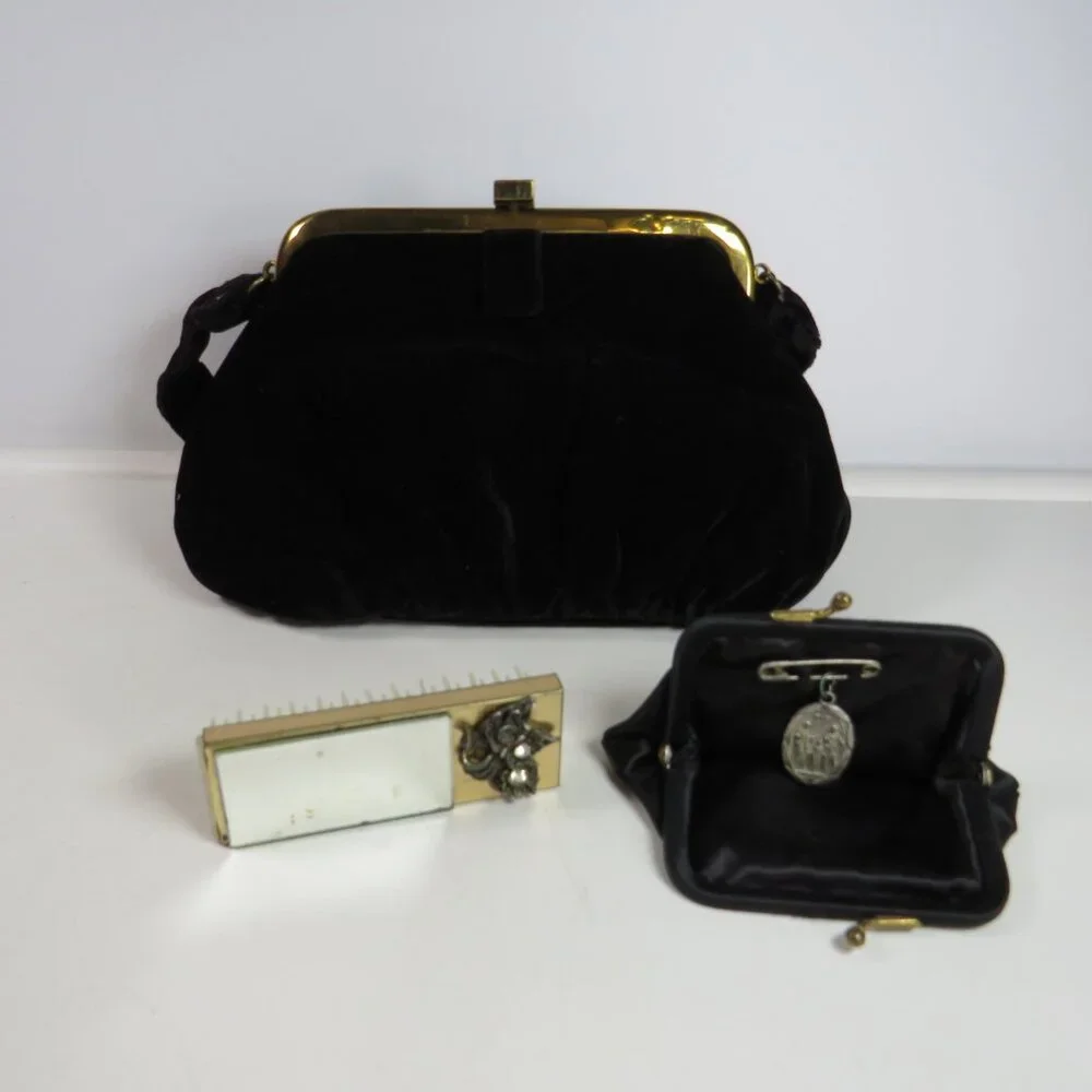 Vintage Black Velvet Kiss-Lock Clutch Purse, satin change & Jeweled Mirror Brush